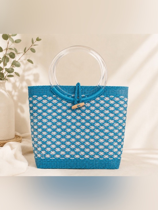 Vintage Handbags - Vintage- Blue Woven Tote Bag with Clear Handles -